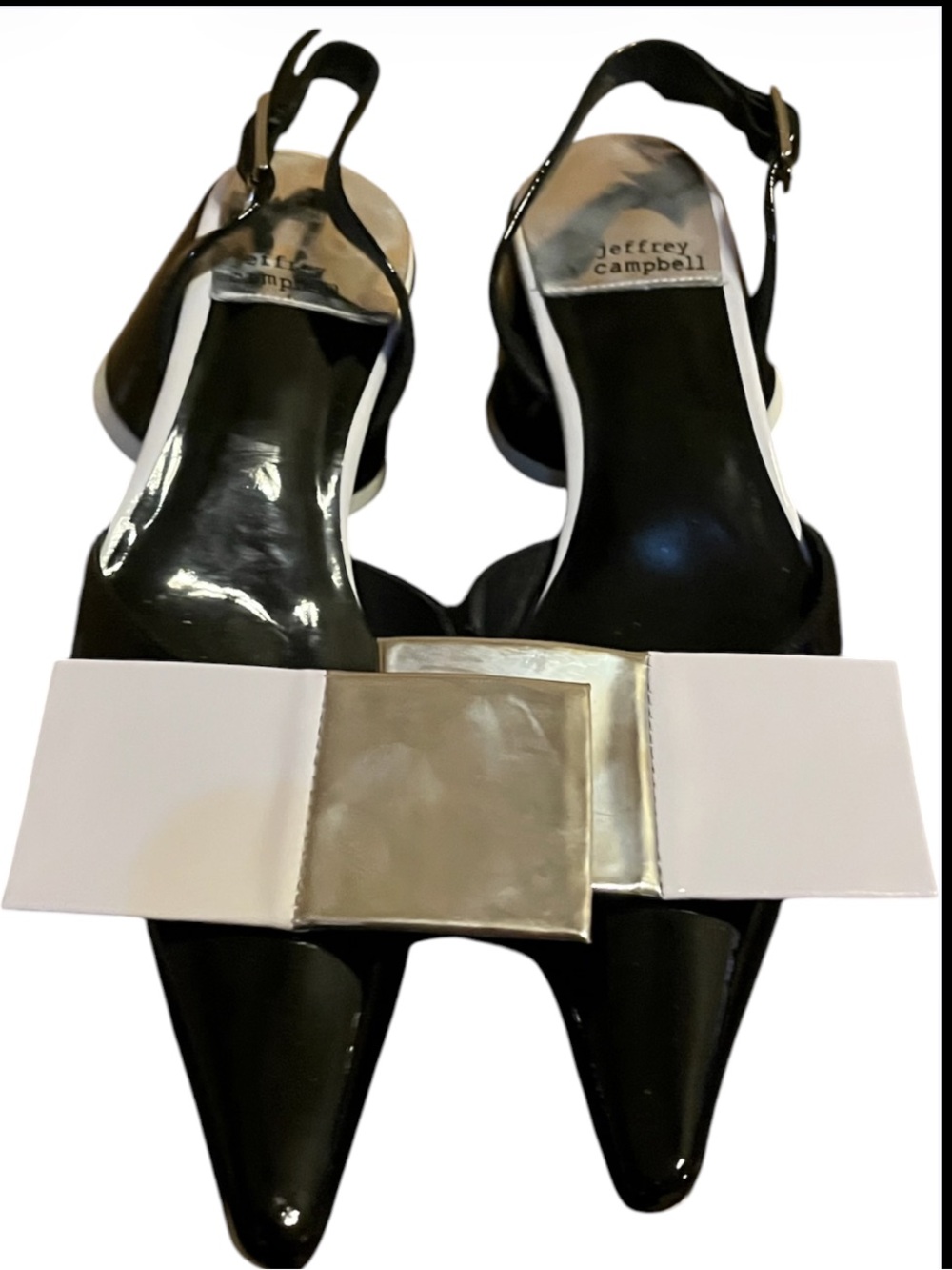 Jeffrey Campbell Black Patent I Slingback Heels with White and Silver Bow Accent
